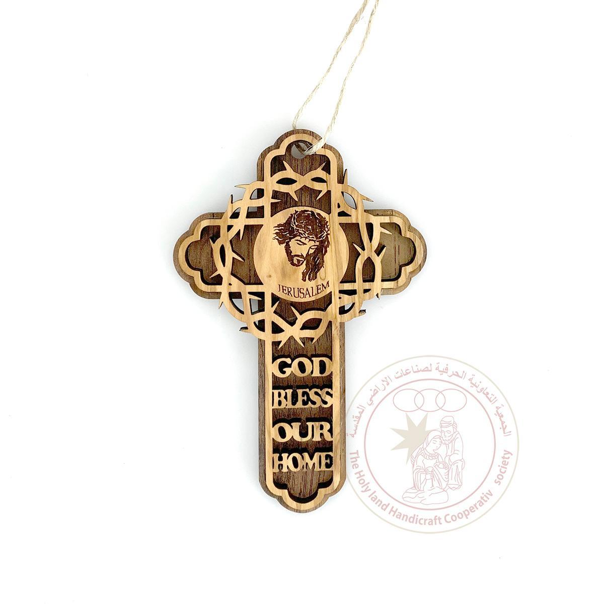 God Bless Our Home' w/Crown of Thorns & face of Jesus Cross - Olive Wood, Laser-Cut