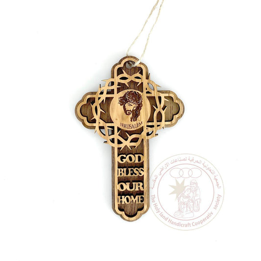 God Bless Our Home' w/Crown of Thorns & face of Jesus Cross - Olive Wood, Laser-Cut