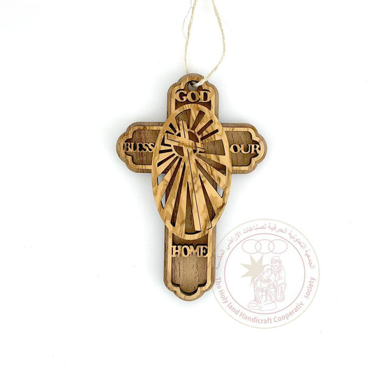 God Bless Our Home' Cross - Olive Wood, Laser-Cut