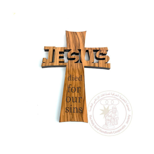 Jesus Died for Our Sins' Cross - Olive Wood, Laser Cut