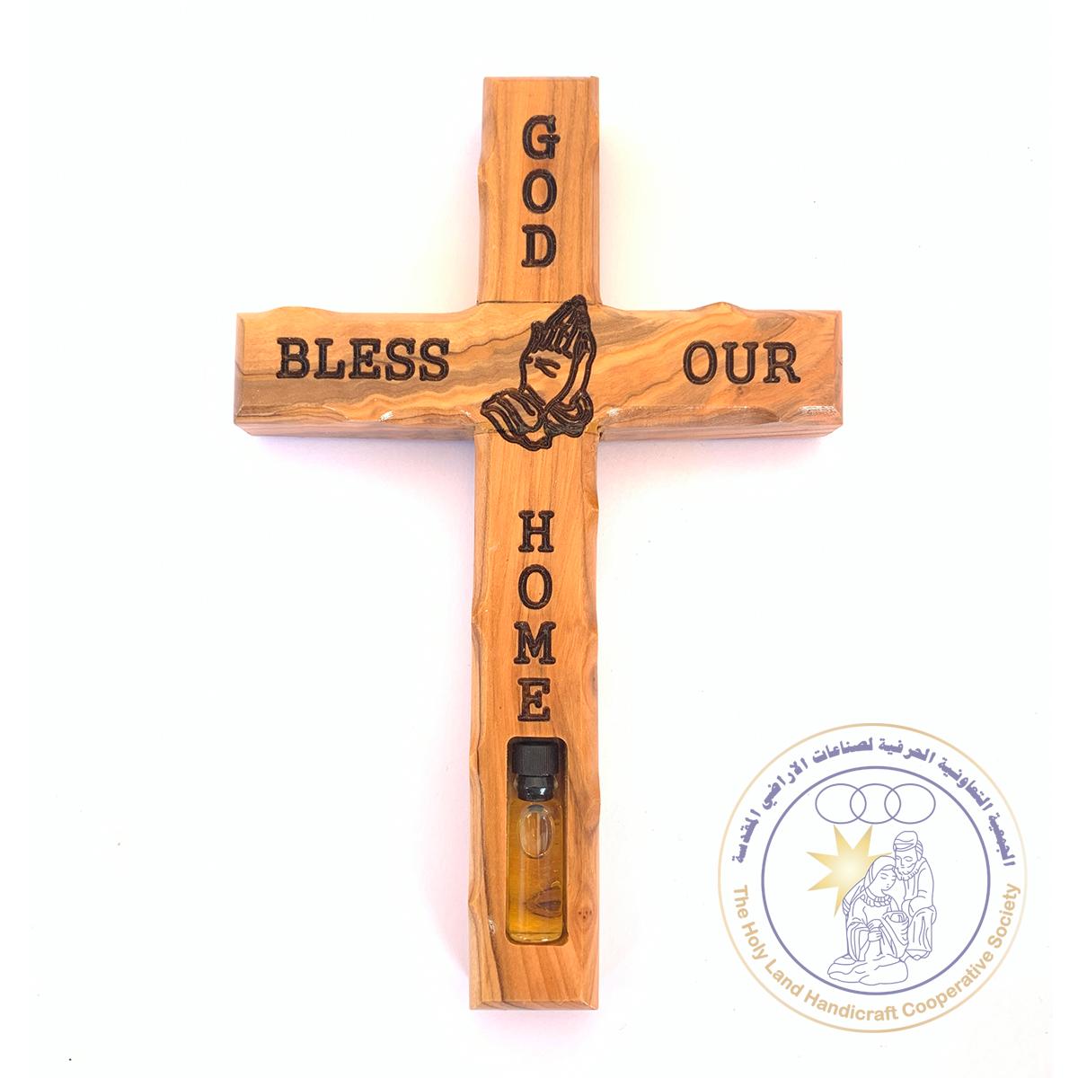Olive Wood/ God bless our home, 1 bottle of olive Oil, Jerusalem at the back face of the cross, Wall Hanging