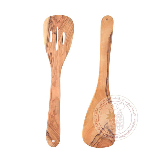 Slotted Spoon & Flat Spatula - Olive Wood, 2-Piece Set