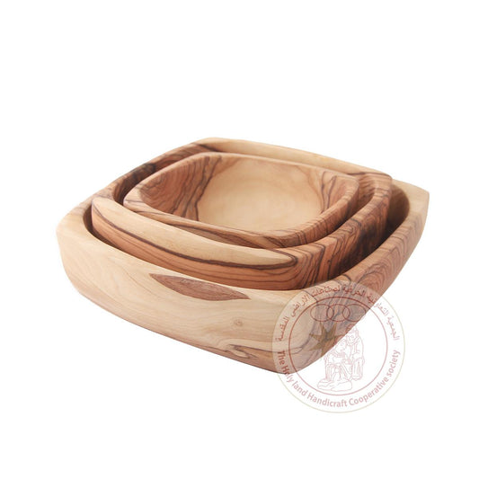 Set of Squared-Shaped Deep Bowls - Olive Wood, 3-Piece Set