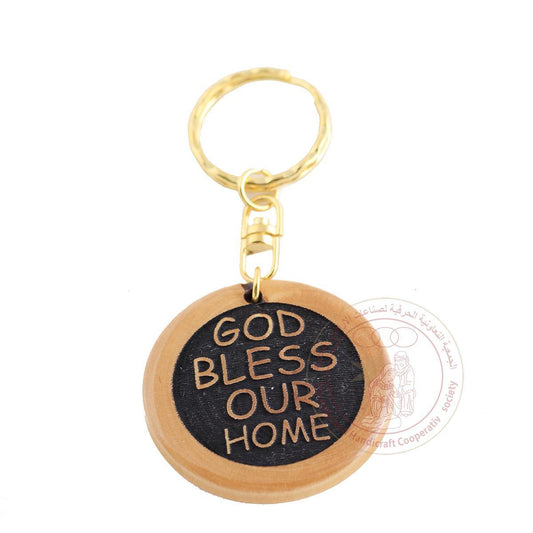 Olive Wood Laser Keychain "God Bless Our Home"