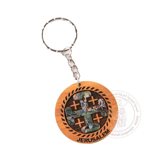 Olive Wood Laser Keychain with Mother of Pearl "Jerusalem Cross"