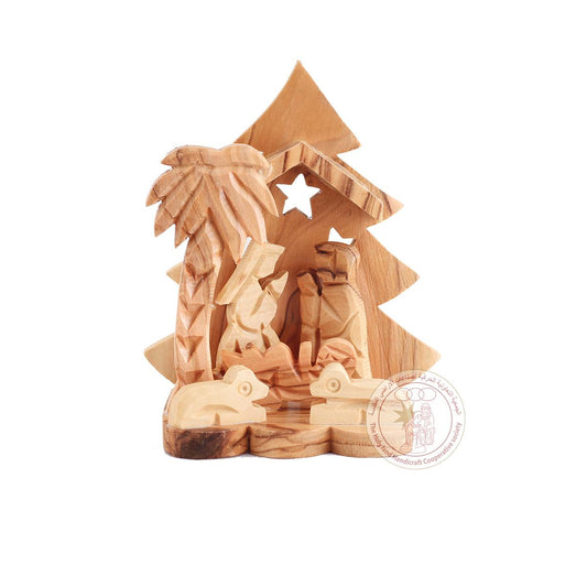 Nativity Creche Christmas Ornament - Olive Wood, Christmas Tree and Stars