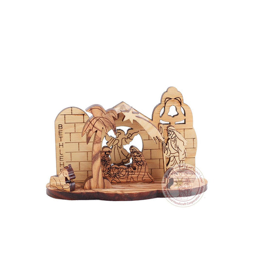 Nativity Creche "Little Town of Bethlehem" - Laser-Cut Olive Wood with Angel