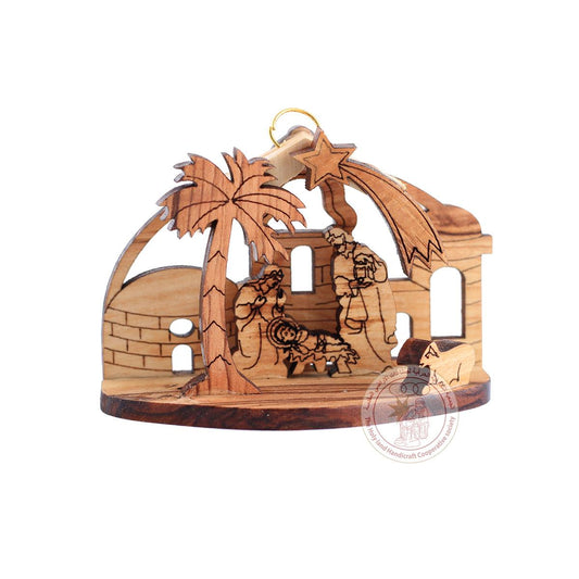 Nativity Creche Christmas Tree Ornament - Version 7, Laser-Cut Olive Wood with Bethlehem Star