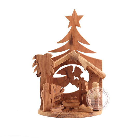 Nativity Creche - Olive Wood, Simple with Angel and Tall Christmas Tree