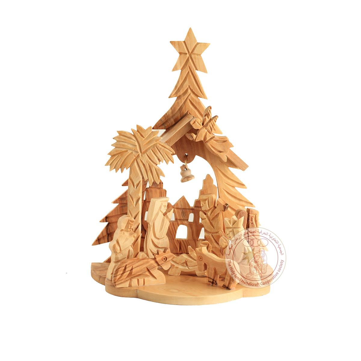 Nativity Creche - Olive Wood, Christmas Tree, Star and Bell