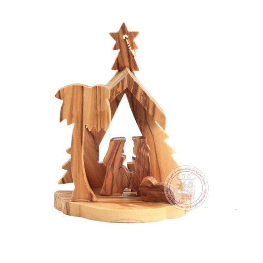 Nativity Creche Olive Wood Christmas Ornament - Christmas Tree and Peaked Manger