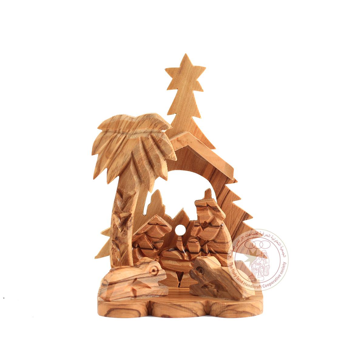 Nativity Creche - Olive Wood, Christmas Tree Etched