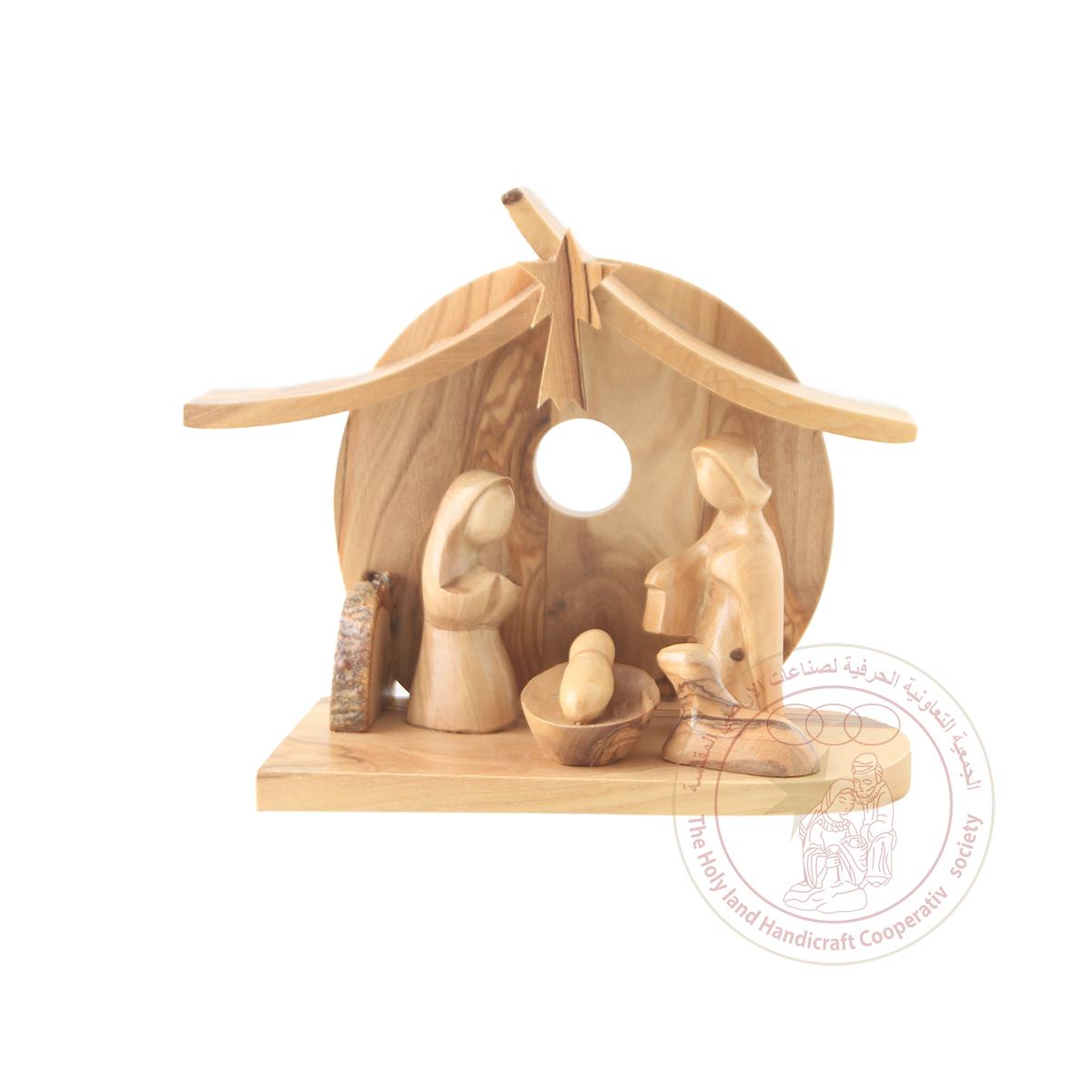 Nativity Scene w/Circular Manger- Olive Wood, Smooth Plain Figures