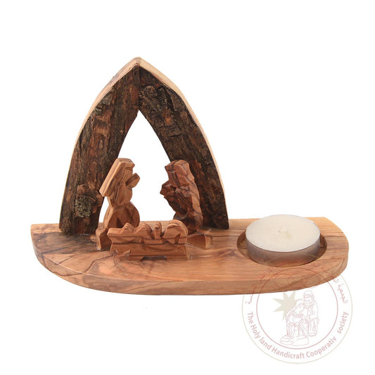 Nativity Scene w/Tea Candle Holder - Olive Wood