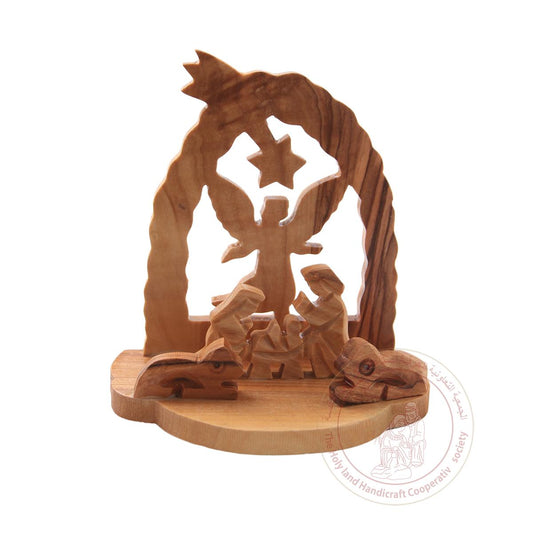 Nativity Scene w/Angel & Star - Olive Wood