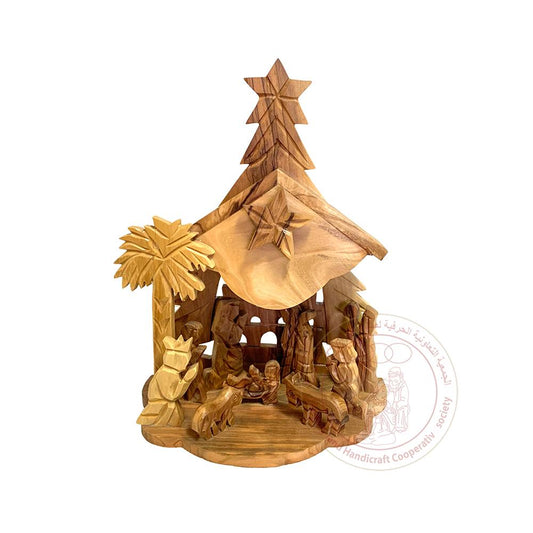 Nativity Creche w/Music Box, Christmas Tree & Figurines - Olive Wood