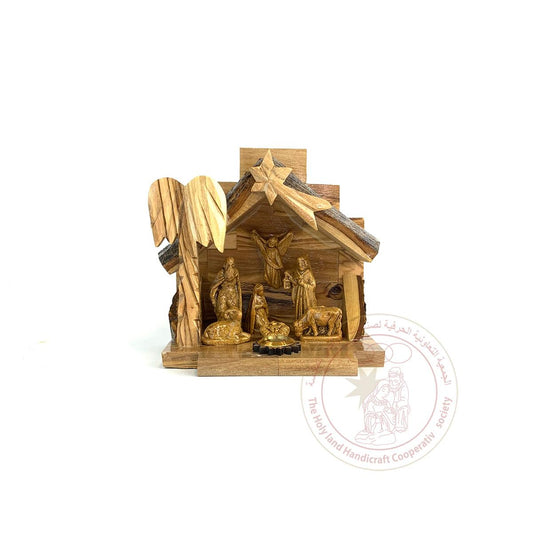 Nativity Creche w/Gypsum Figures - Olive Wood & Gypsum, Commercially Packaged