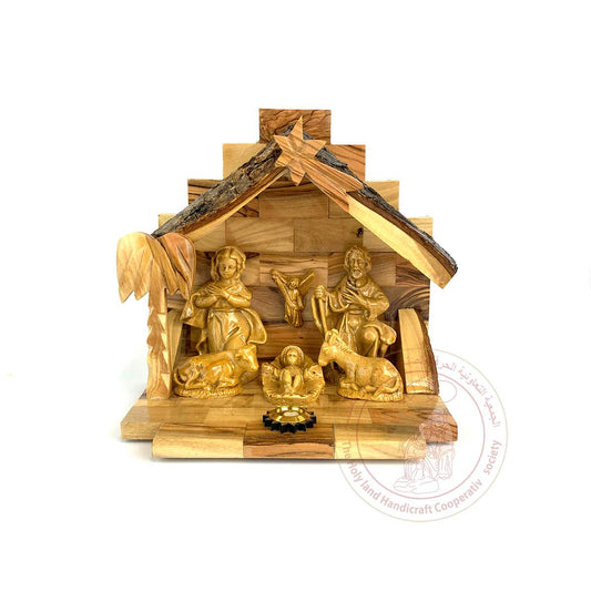 Nativity Creche w/Gypsum Figures & Holy Land Essence Inlay - Olive Wood & Gypsum, Commercially Packaged