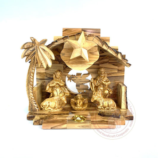 Nativity Creche w/Angel Silhouete, Gypsum Figures & Holy Land Essence Inlay - Olive Wood & Gypsum, Commercially Packaged