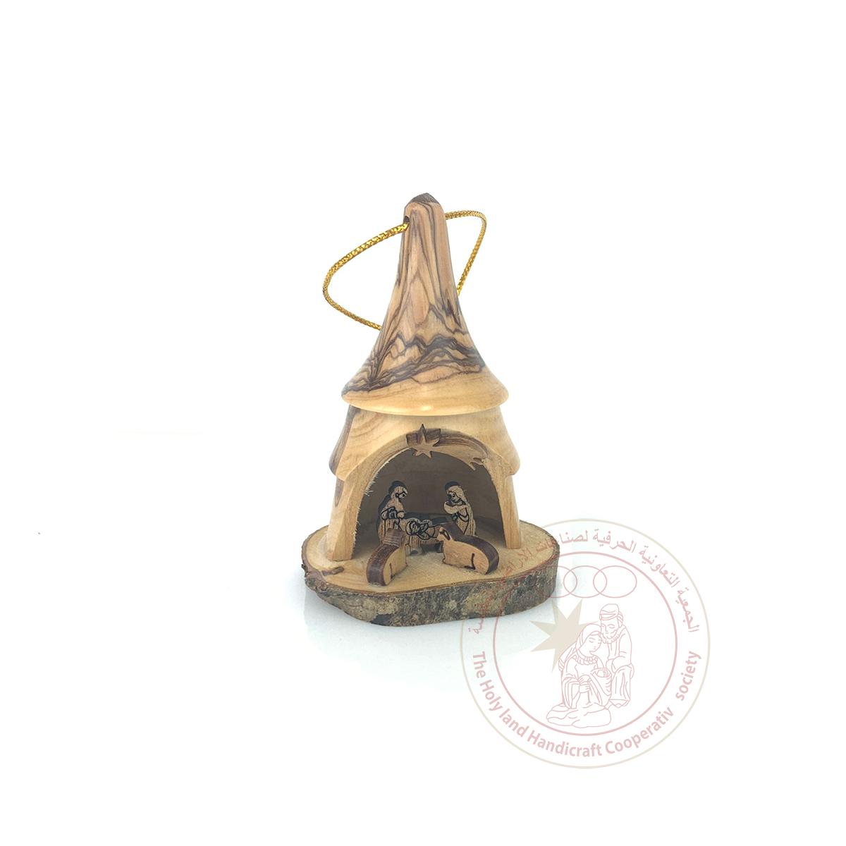 Bell' Nativity Scene - Olive Wood, Natural Bark, Laser-Cut Figurines, Christmas Ornament