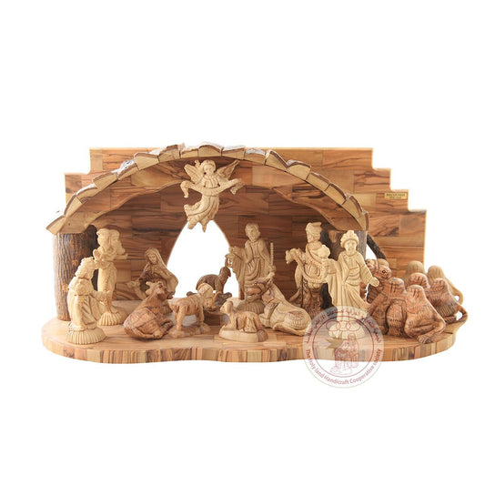 Nativity Creche "Gloria In Excelsius Dio" Large Set - Etched Figurines, Olive Wood