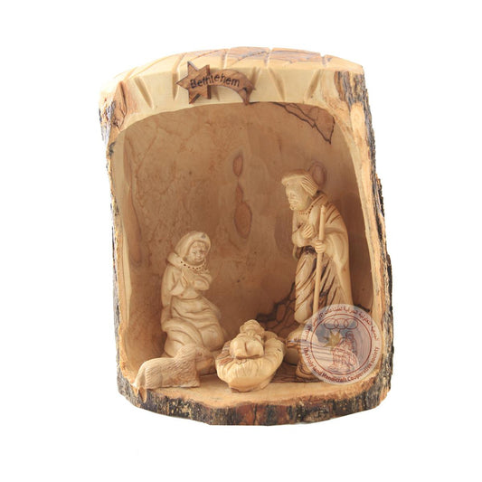 Holy Family in Grotto - Version 2, Olive Wood Trunk Inlay