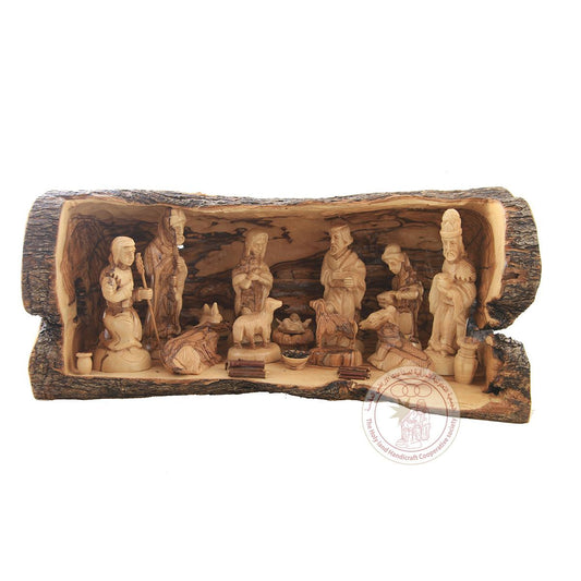 Nativity Creche in Rough Grotto - Detailed Figurines, Olive Wood