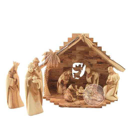 Nativity Creche with Angel Backdrop - Detailed Figurines, Olive Wood