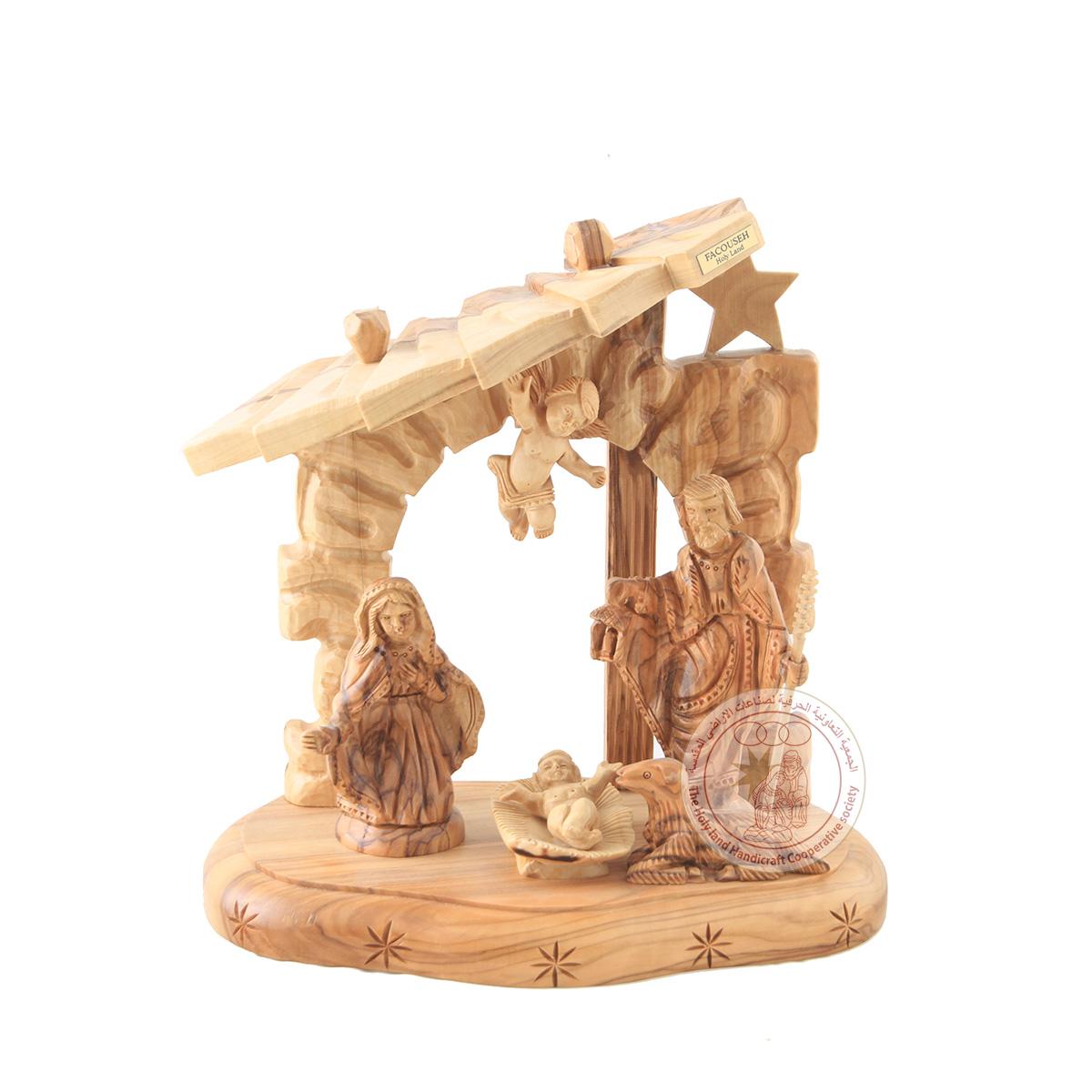 Nativity Creche with Cherub - Detailed Figurines, Olive Wood