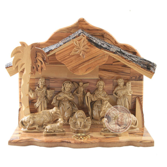 Nativity Creche with Music Box - Detailed Figurines, Gypsum and Olive Wood.