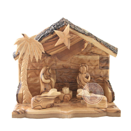 Nativity Creche with Music Box - Detailed Figurines, Olive Wood.