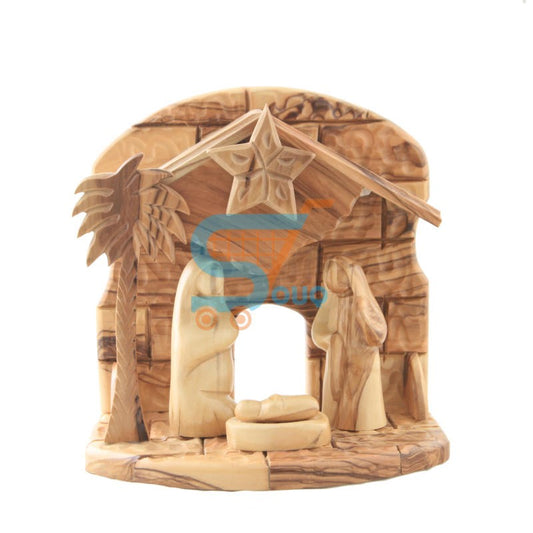 Olive Wood Musical Nativity With Plain Holy Family