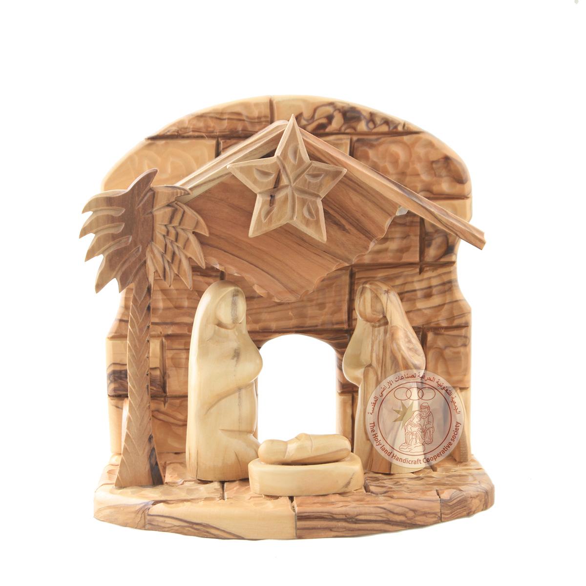 Nativity Creche with Music Box - Smooth Plain Figurines, Olive Wood.