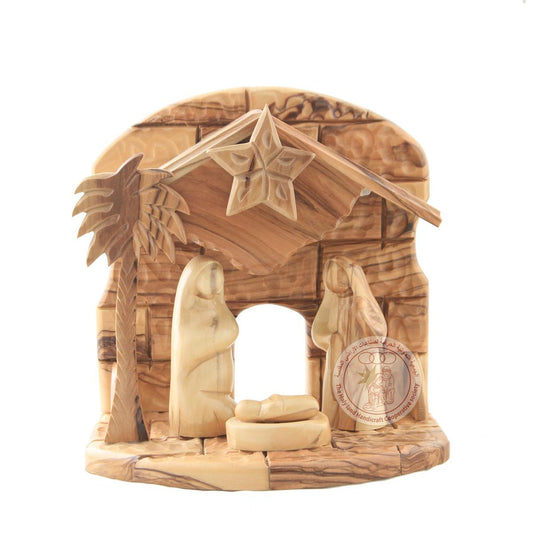 Nativity Creche with Music Box - Smooth Plain Figurines, Olive Wood.