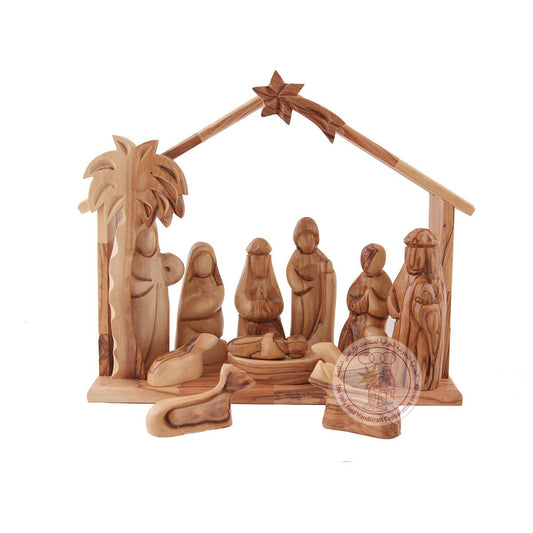 Nativity Creche with Open Back and Freestanding Figurines - Smooth Plain Figurines, Olive Wood