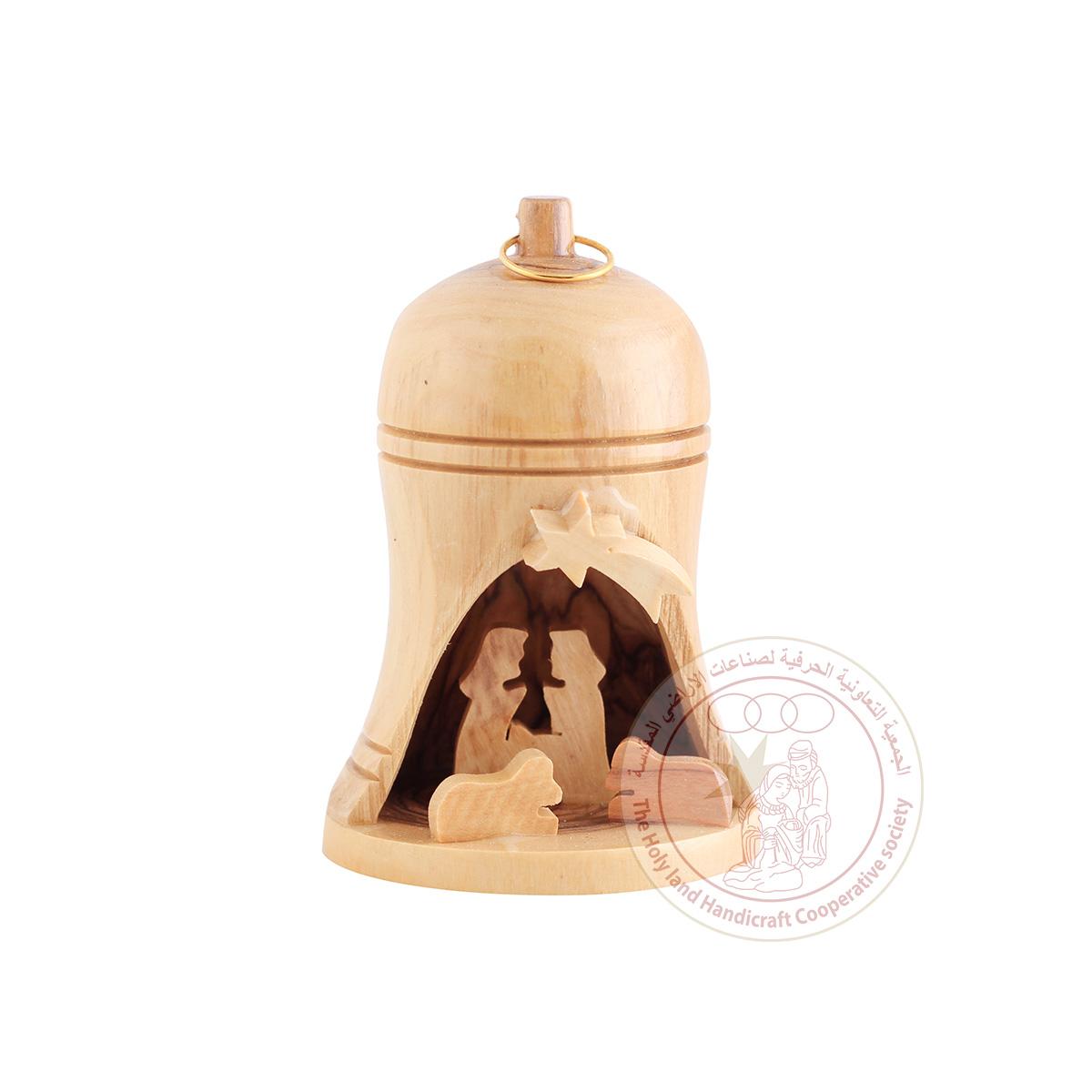 Olive Wood Bell Ornament with Holy Family