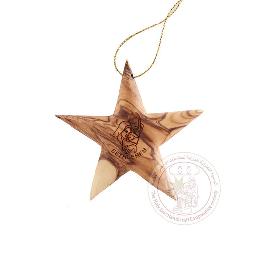 Olive Wood Star Ornament with Holy Family