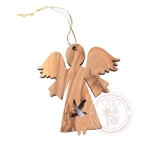 Olive Wood Angel Ornament with Peace Dove