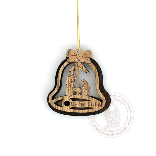 Nativity 'Christmas Bell' Ornament - Olive Wood, Laser Cut