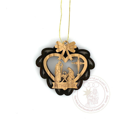 Nativity 'Heart' Ornament - Olive Wood, Laser Cut