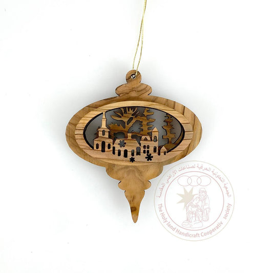 Nativity Church & Olive Trees' Two-Sided Christmas Tree Ornament - Olive Wood, Laser Cut