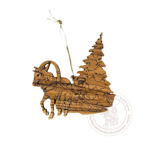 Santa w/Sleigh & Christmas Tree' Christmas Ornament - Olive Wood, Laser Cut