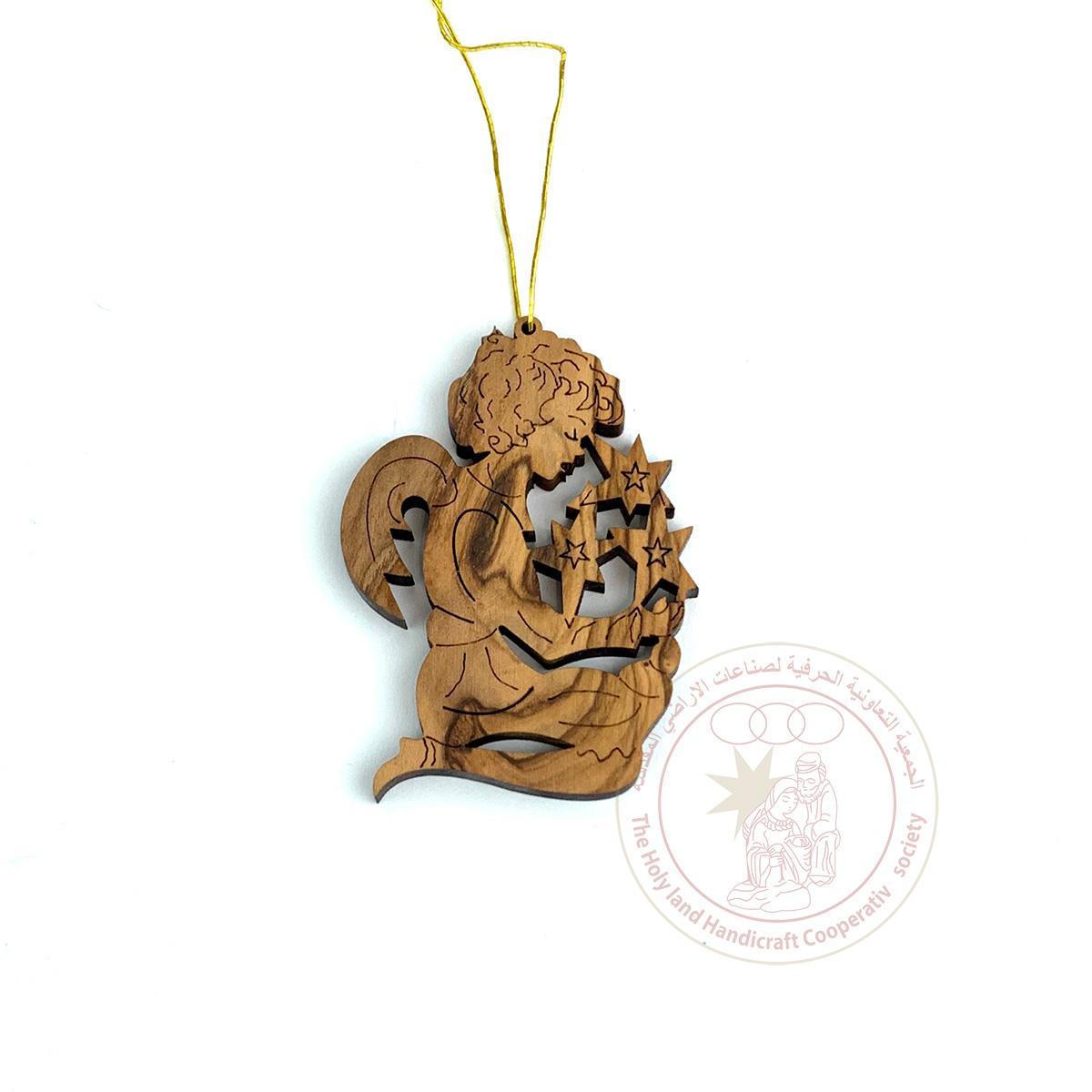 Praying Angel w/Stars' Christmas Ornament - Olive Wood, Laser Cut