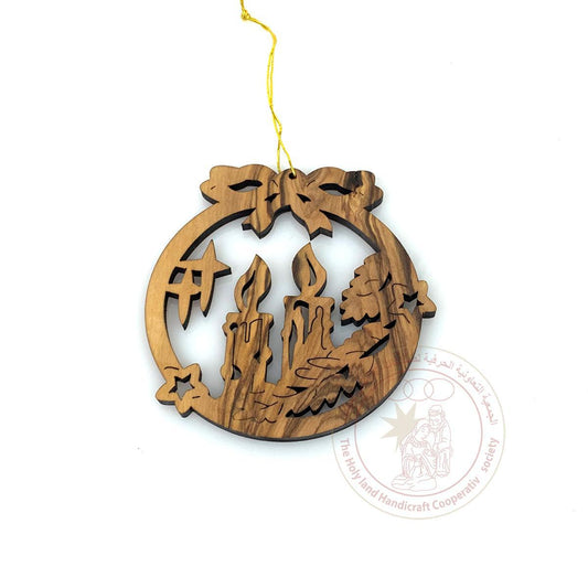 Olive Wood Laser Ornament with Candles