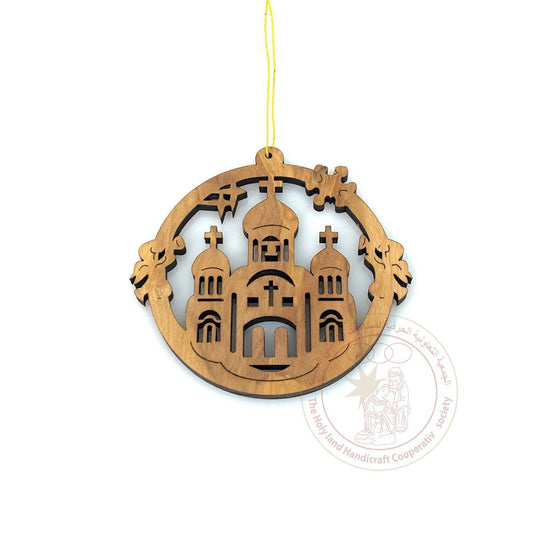 Olive Wood Laser Ornament with Sepulcher church