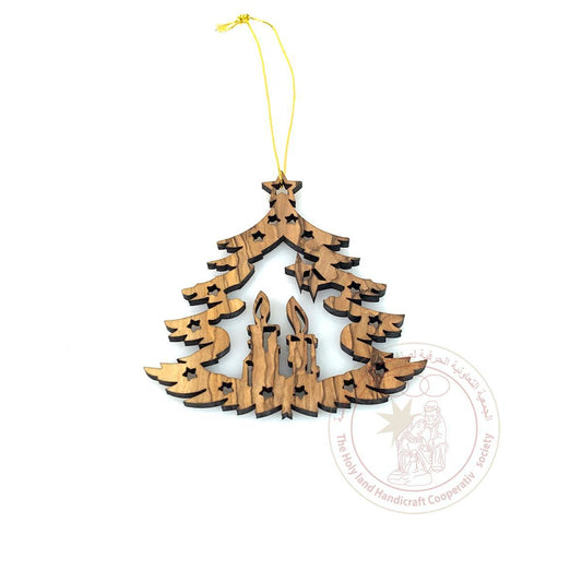 Olive Wood Laser Ornament tree shape with candles