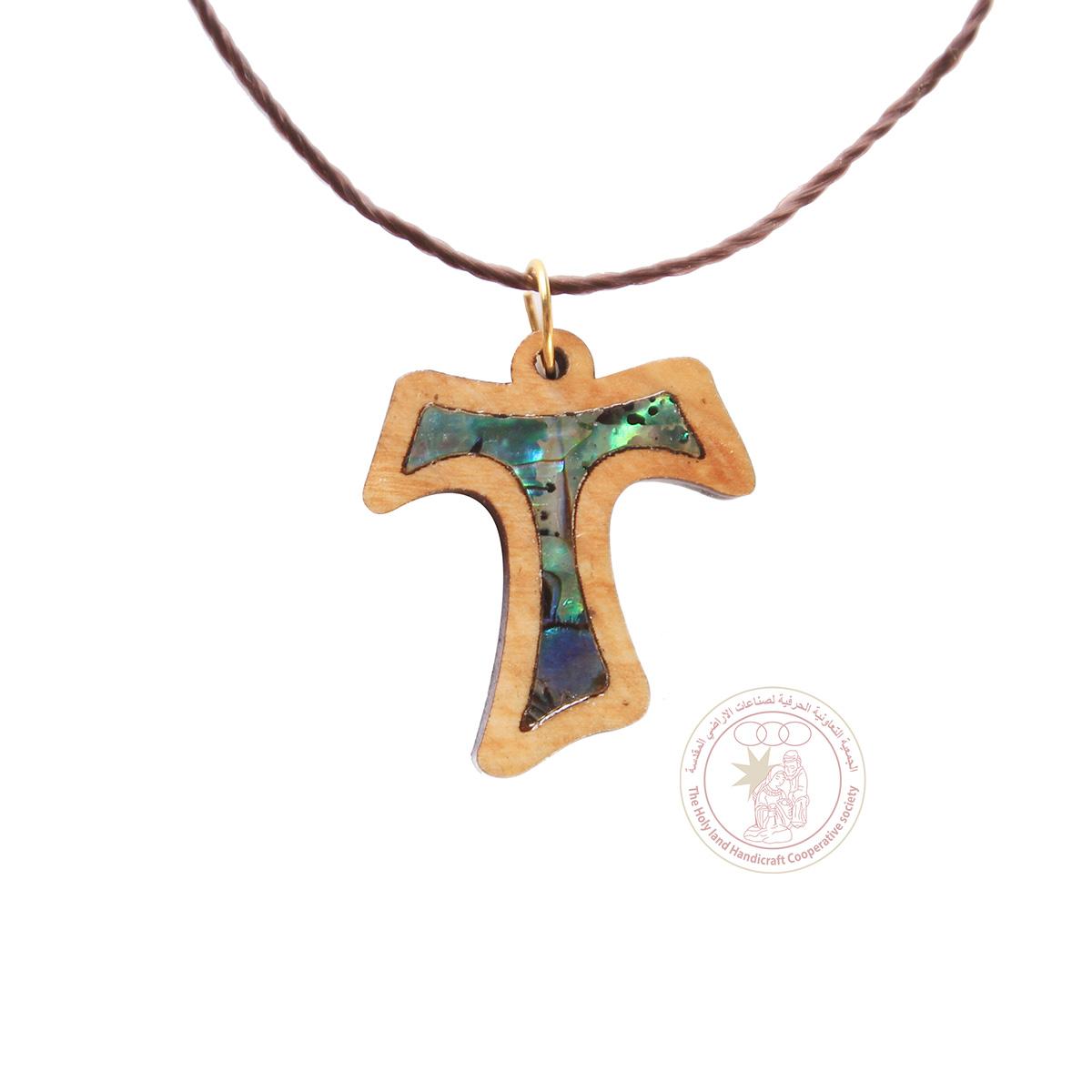 Olive Wood Tau Cross Pendant (with Mother of Pearl)