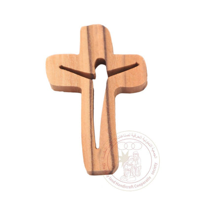 Olive Wood Cross Pendant, Jesus cutout in the middle w/ black cord