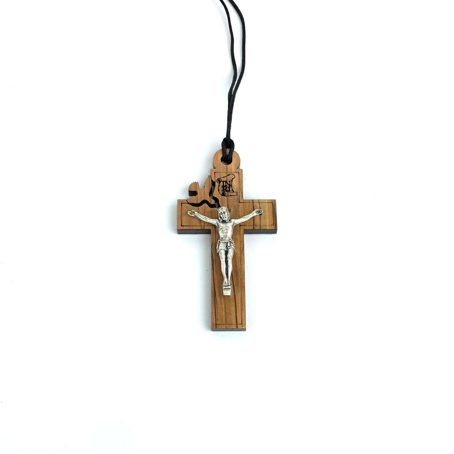 Crucifix Pendant - Olive Wood, Metallic Figurine