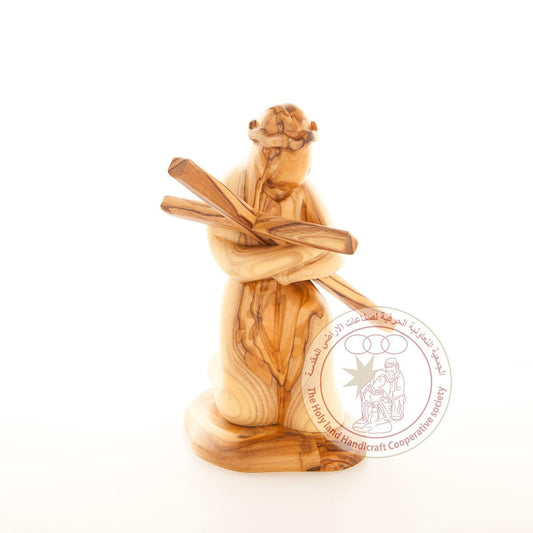 Christ Kneels with His Cross - Smooth Plain Olive Wood Figurine